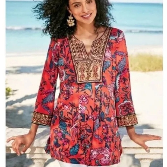 Soft Surroundings Samara Embellishef Paisley Beaded Tunic Sz M PETITE - Picture 1 of 9